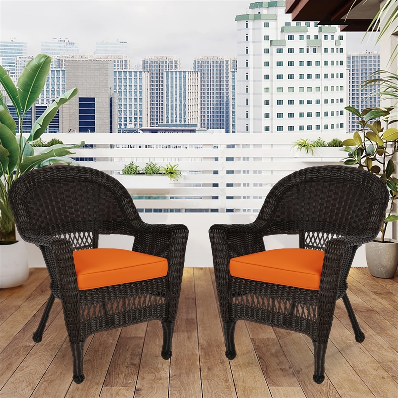 Jeco Wicker Chair in Espresso with Orange Cushion (Set of 2)