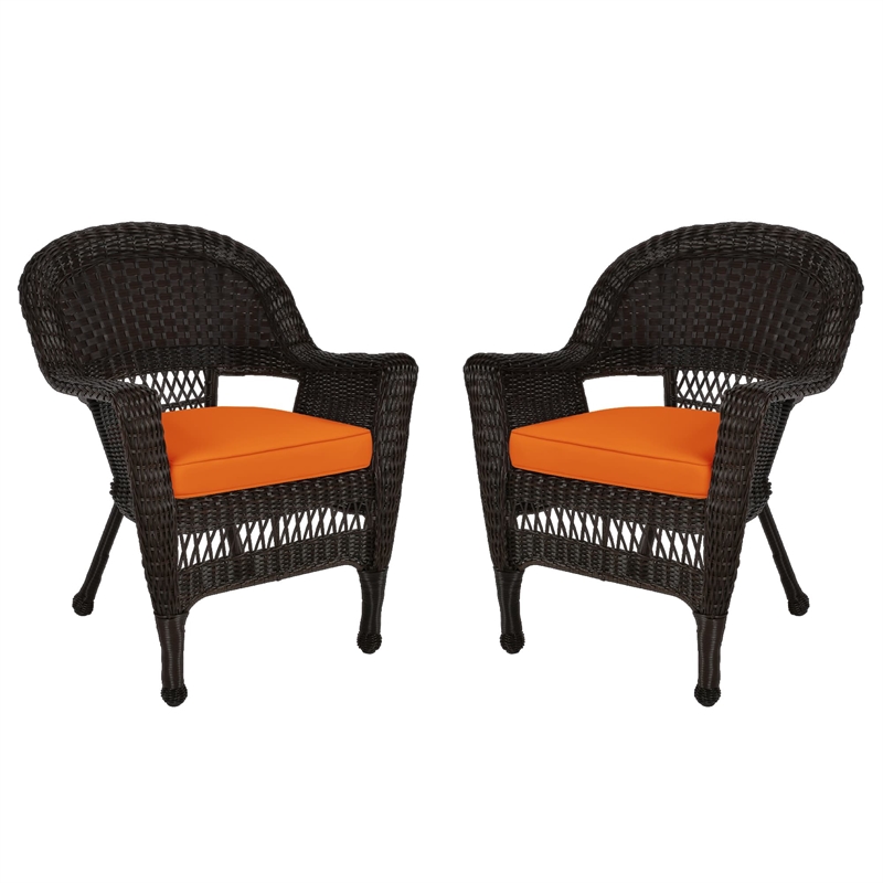 Jeco Wicker Chair in Espresso with Orange Cushion (Set of 2)