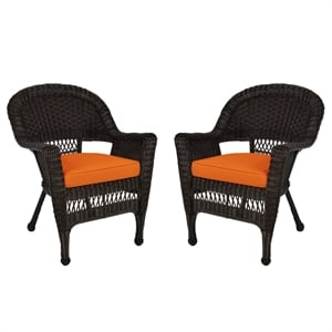Jeco Wicker Chair in Espresso with Orange Cushion (Set of 2)