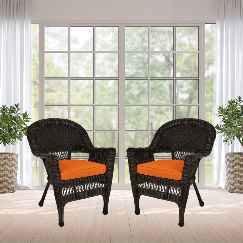 Jeco Wicker Chair in Espresso with Orange Cushion (Set of 2)
