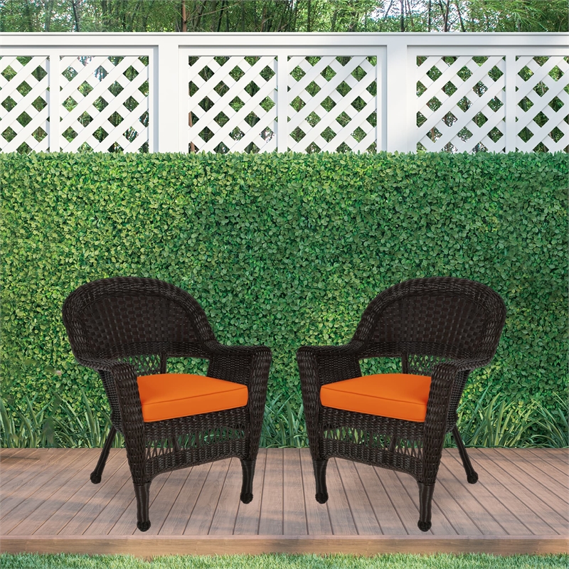Jeco Wicker Chair in Espresso with Orange Cushion (Set of 2)