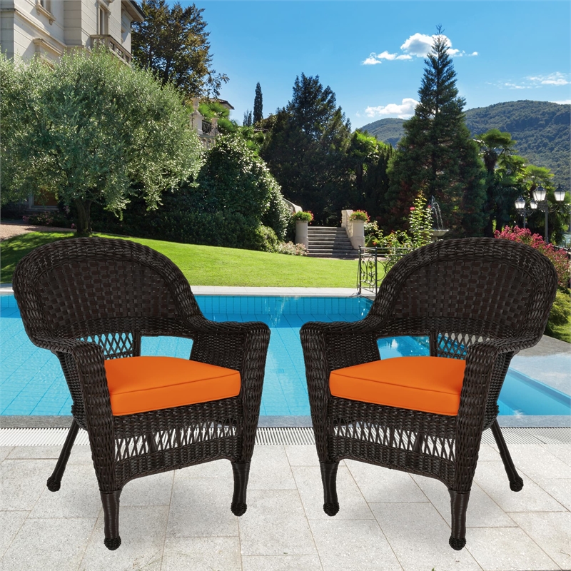 Jeco Wicker Chair in Espresso with Orange Cushion (Set of 2)