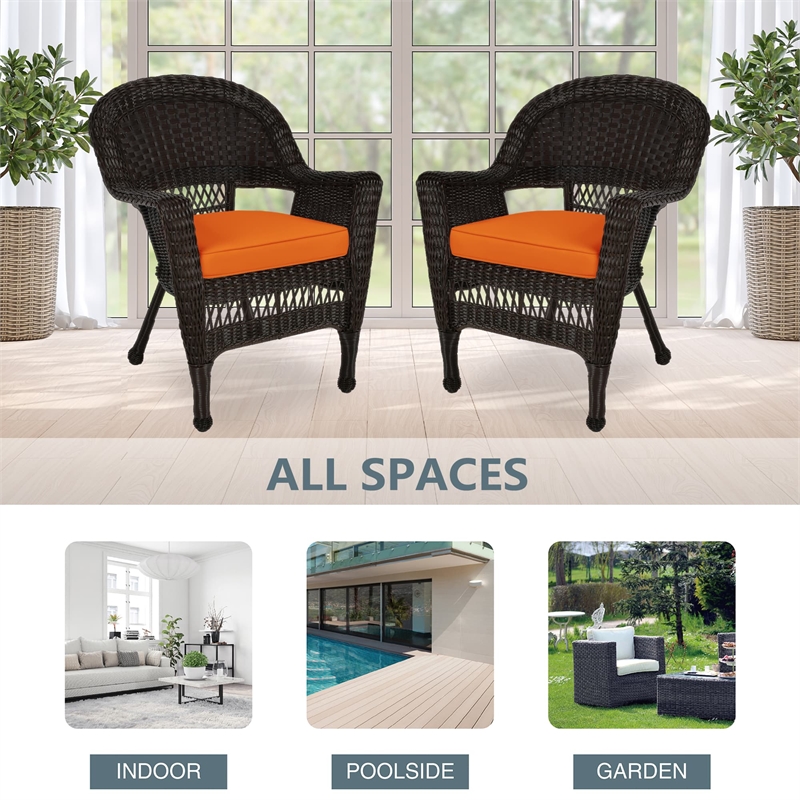 Jeco Wicker Chair in Espresso with Orange Cushion (Set of 2)