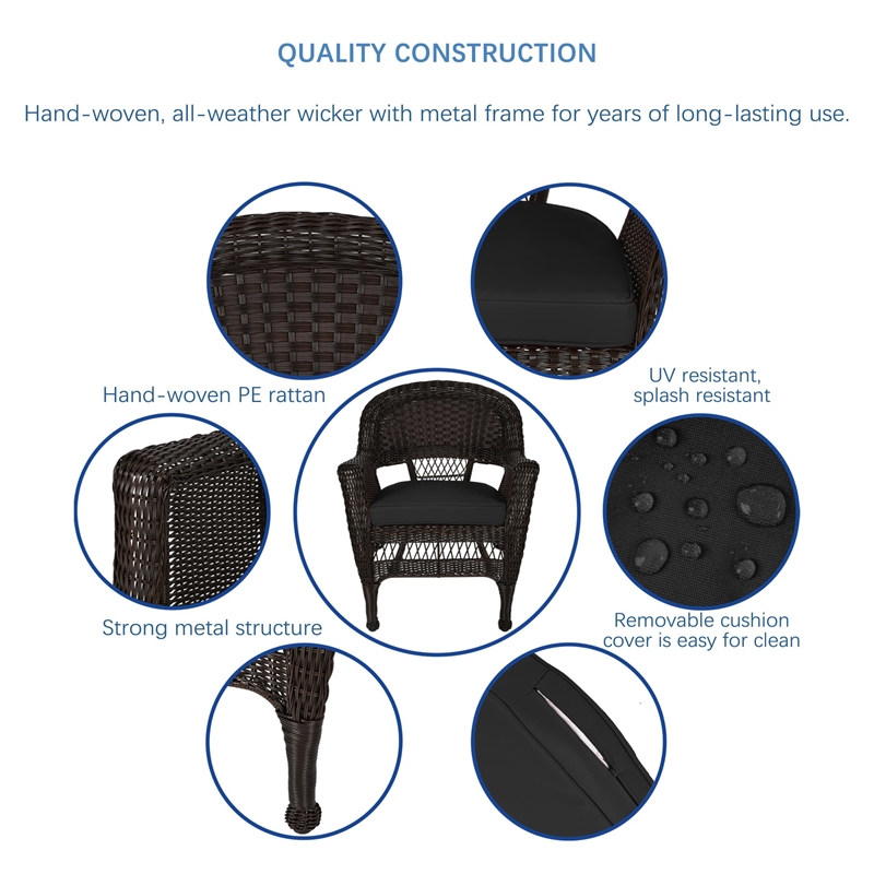 Jeco Wicker Chair in Espresso with Black Cushion (Set of 2)