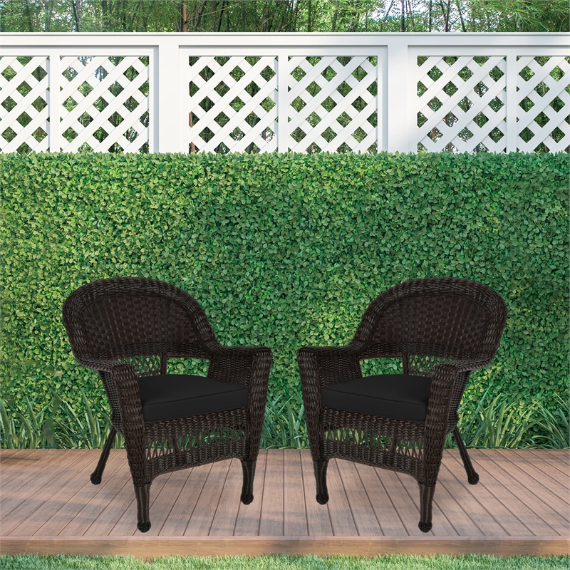 Jeco Wicker Chair in Espresso with Black Cushion (Set of 2)