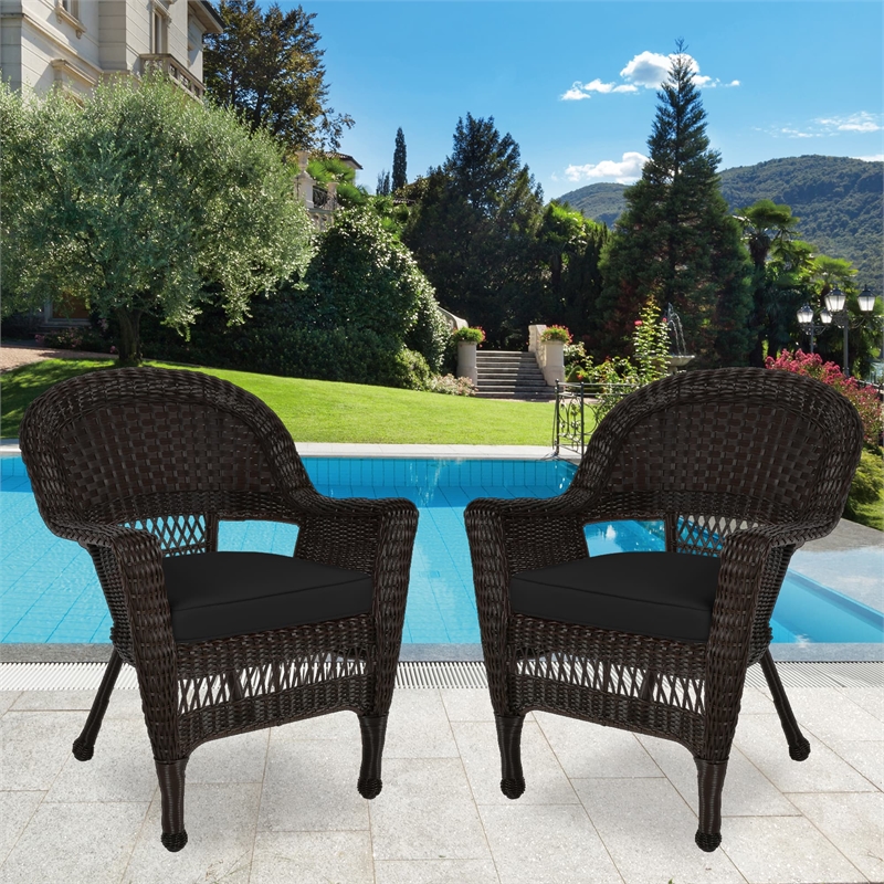 Jeco Wicker Chair in Espresso with Black Cushion (Set of 2)