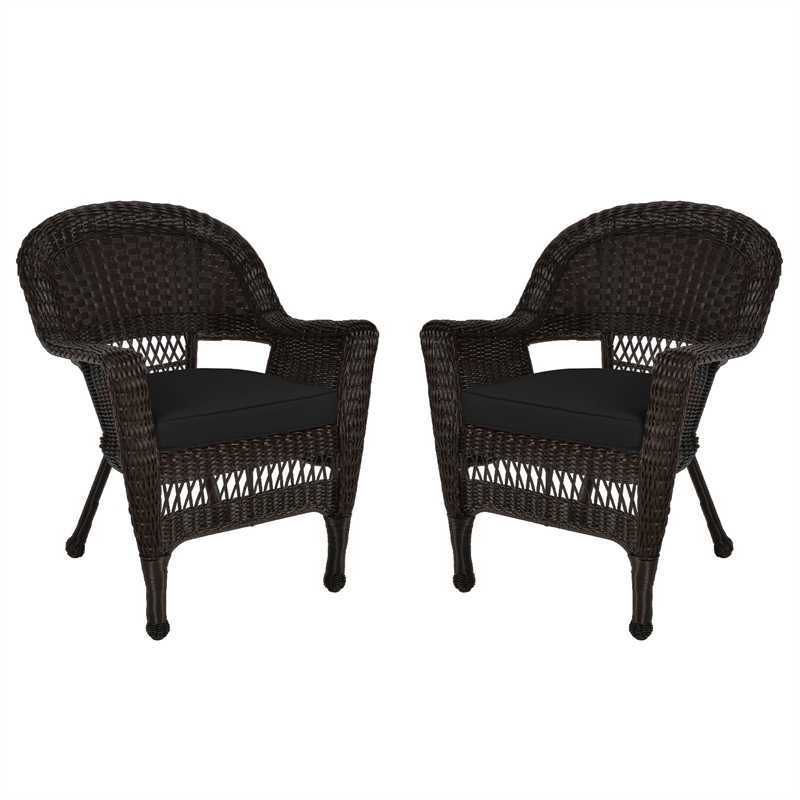 Jeco Wicker Chair in Espresso with Black Cushion (Set of 2)