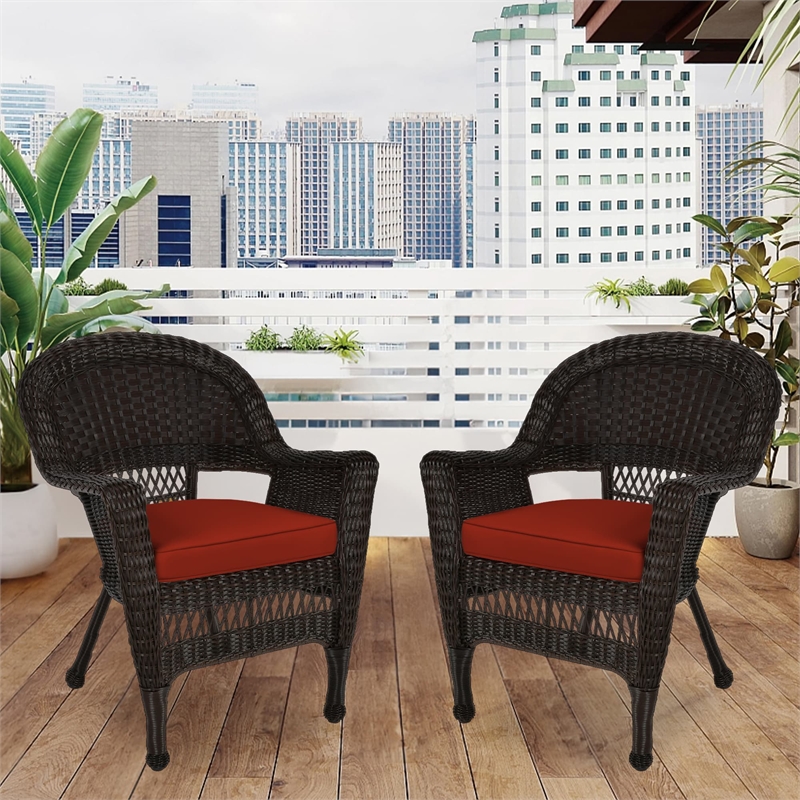 Jeco Wicker Chair in Espresso with Red Cushion (Set of 2)