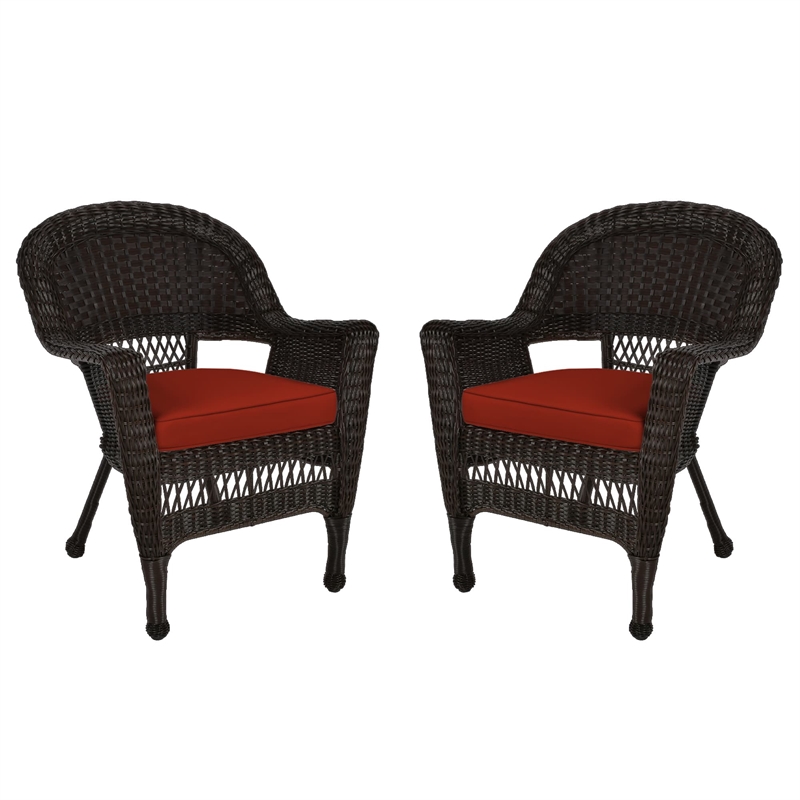 Jeco Wicker Chair in Espresso with Red Cushion (Set of 2)