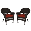 Jeco Wicker Chair in Espresso with Red Cushion (Set of 2)