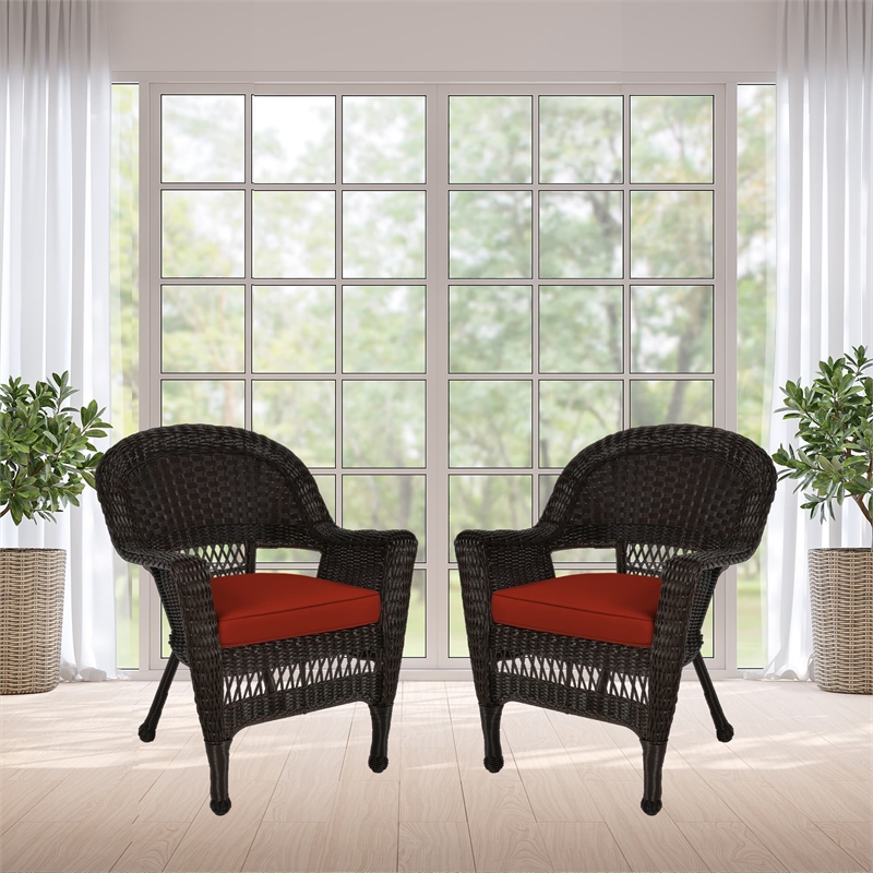 Jeco Wicker Chair in Espresso with Red Cushion (Set of 2)