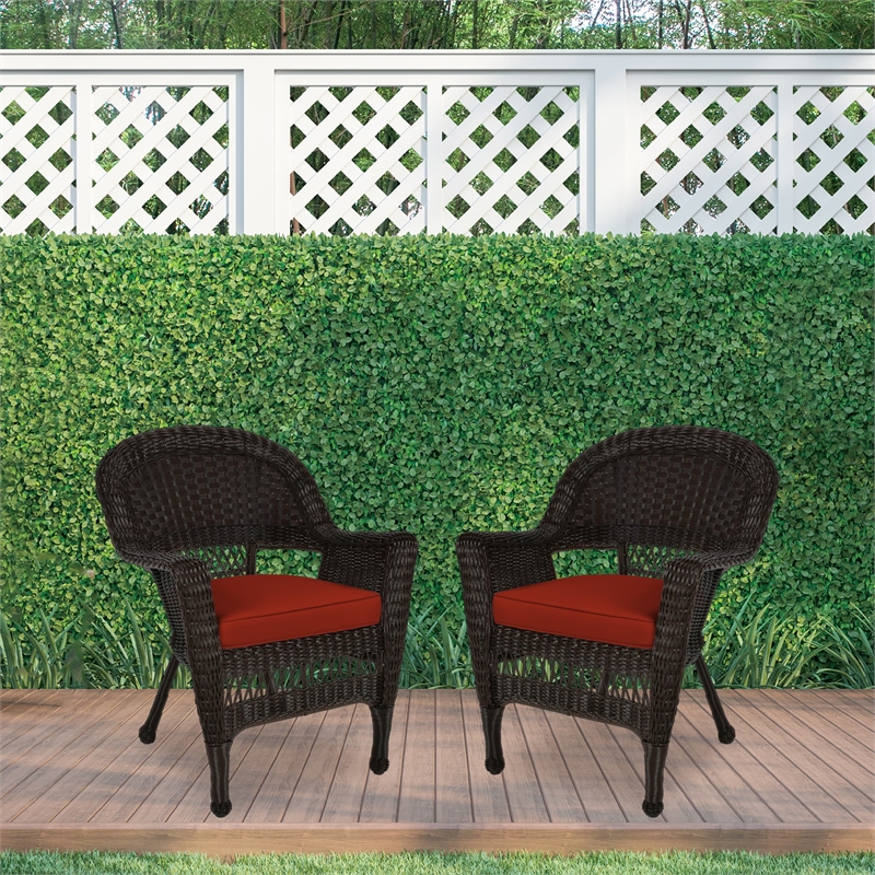 Jeco Wicker Chair in Espresso with Red Cushion (Set of 2)