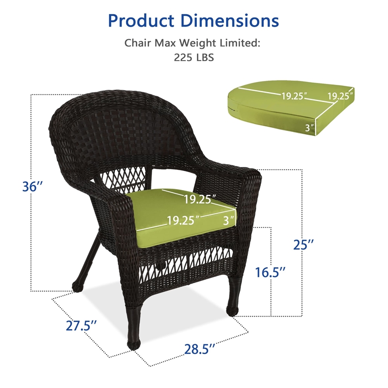 Jeco Wicker Chair in Espresso with Green Cushion (Set of 2)