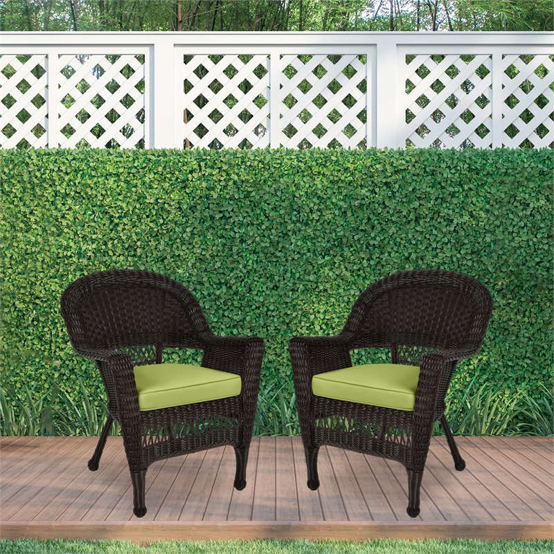 Jeco Wicker Chair in Espresso with Green Cushion (Set of 2)