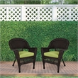 Jeco Wicker Chair in Espresso with Green Cushion (Set of 2)
