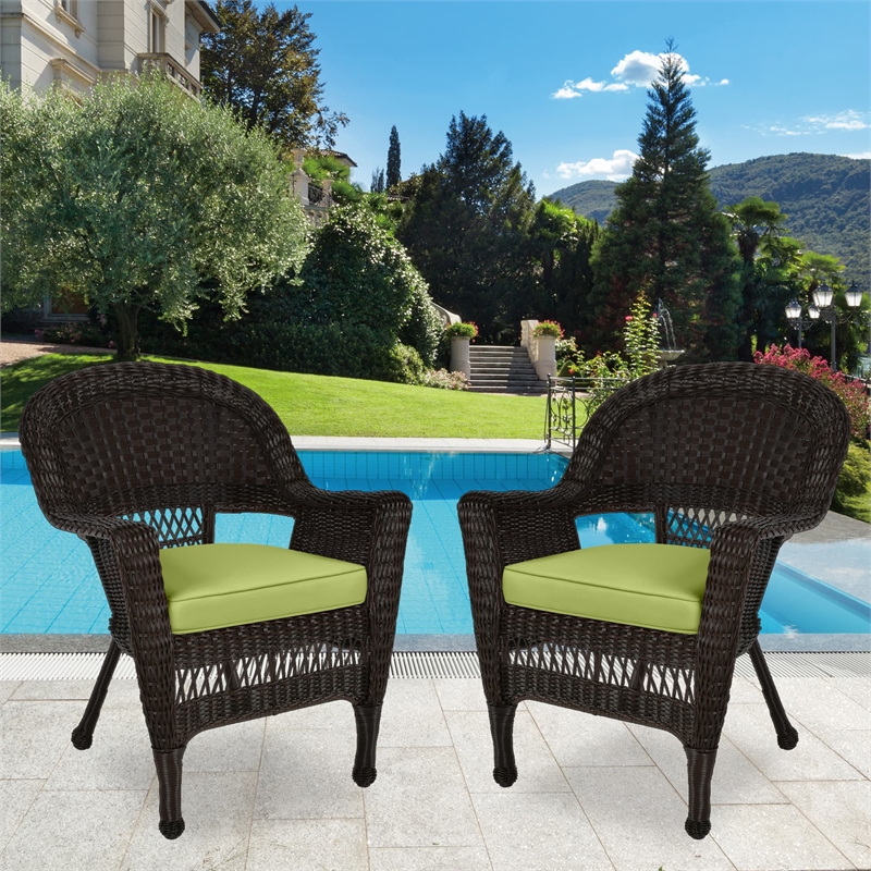 Jeco Wicker Chair in Espresso with Green Cushion (Set of 2)