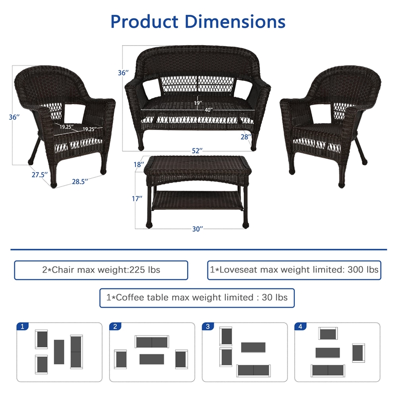 Jeco 4 Piece Resin Wicker Modern Patio Sofa Set in Espresso