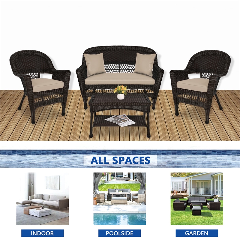 Jeco 4pc Wicker Conversation Set in Espresso with Tan Cushions