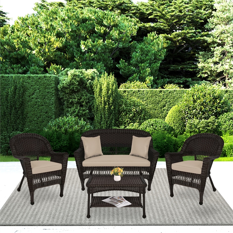 Jeco 4pc Wicker Conversation Set in Espresso with Tan Cushions