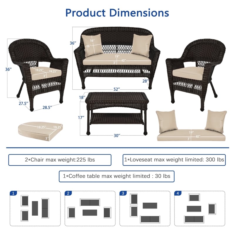Jeco 4pc Wicker Conversation Set in Espresso with Tan Cushions