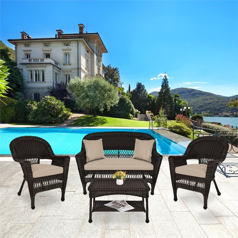 Jeco 4pc Wicker Conversation Set in Espresso with Tan Cushions