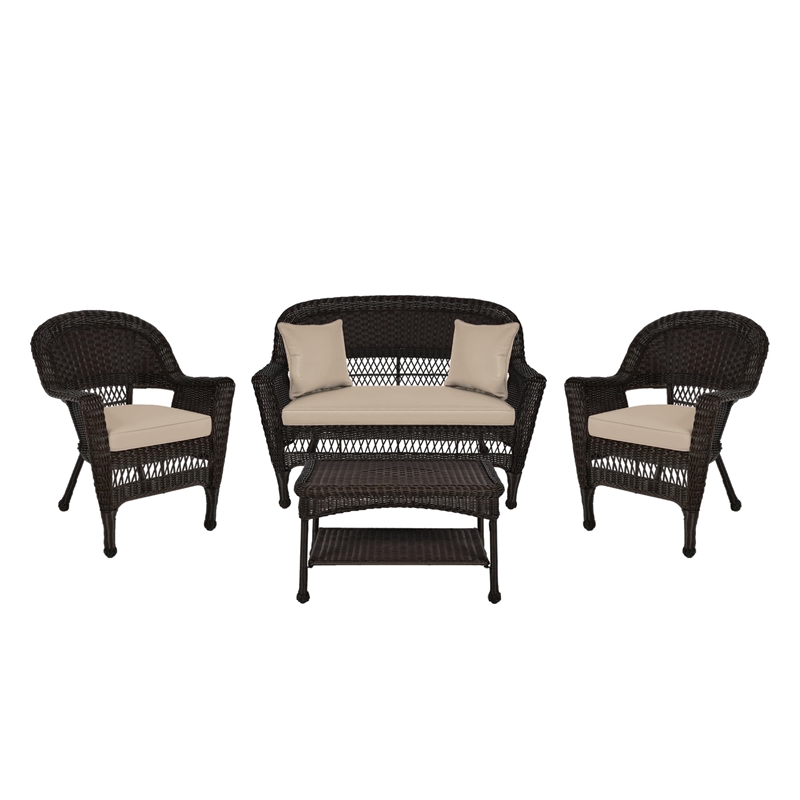 Jeco 4pc Wicker Conversation Set in Espresso with Tan Cushions