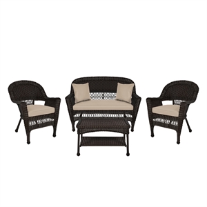 Jeco 4pc Wicker Conversation Set in Espresso with Tan Cushions