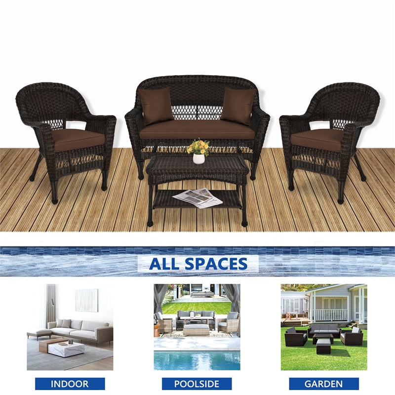 Jeco 4pc Wicker Conversation Set in Espresso with Cocoa Brown Cushions