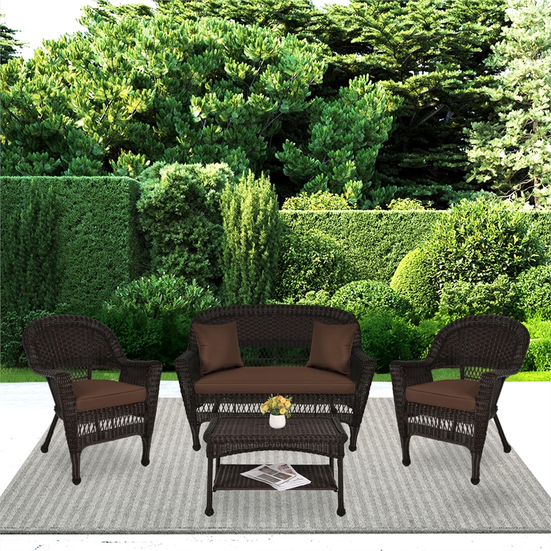 Jeco 4pc Wicker Conversation Set in Espresso with Cocoa Brown Cushions