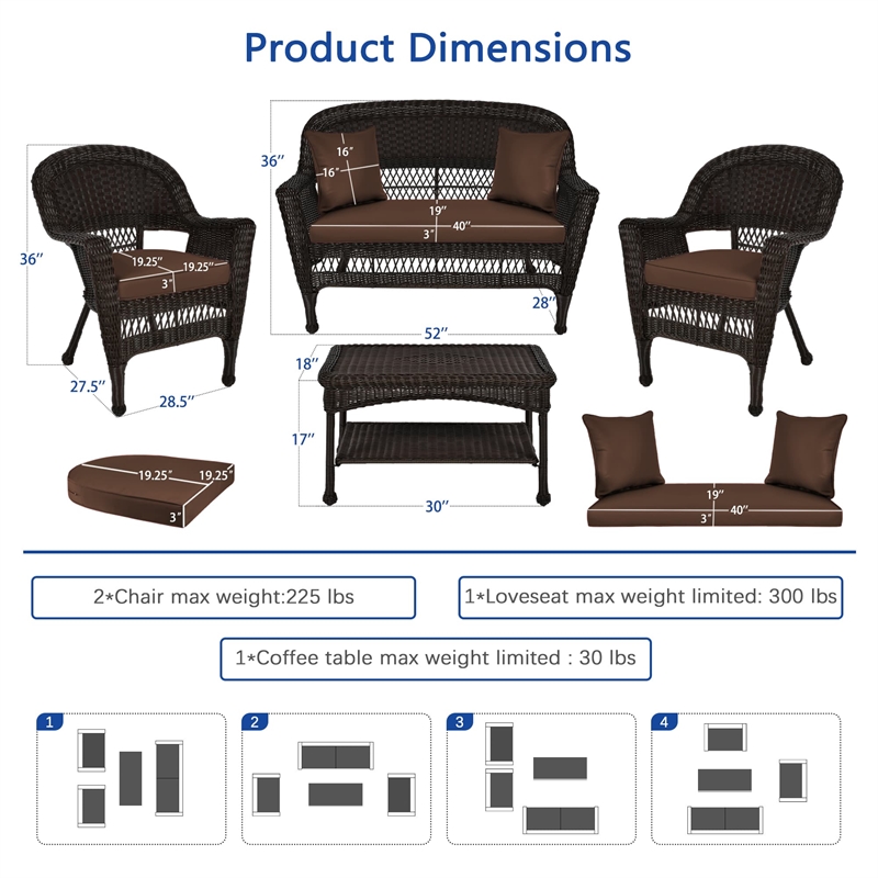 Jeco 4pc Wicker Conversation Set in Espresso with Cocoa Brown Cushions