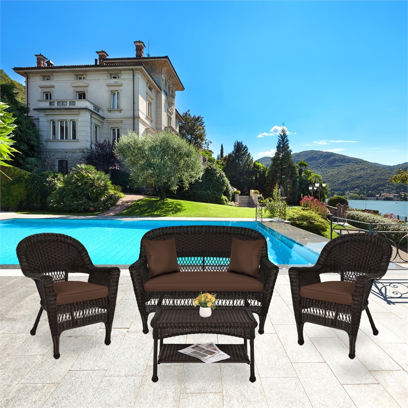 Jeco 4pc Wicker Conversation Set in Espresso with Cocoa Brown Cushions