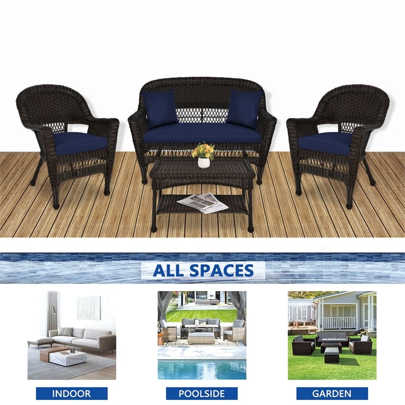 Jeco 4pc Wicker Conversation Set in Espresso with Navy Blue Cushions