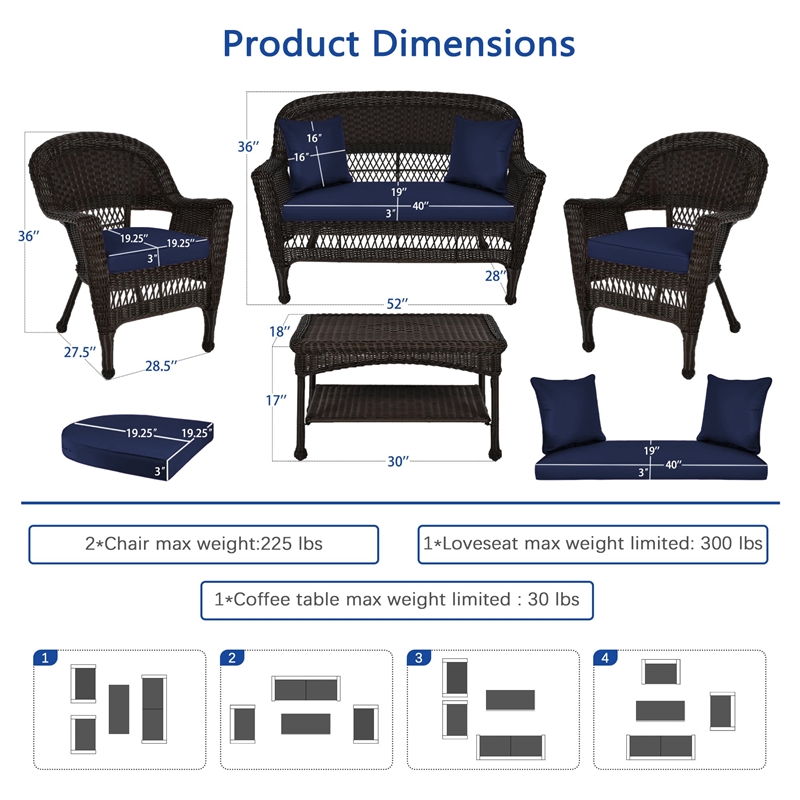 Jeco 4pc Wicker Conversation Set in Espresso with Navy Blue Cushions