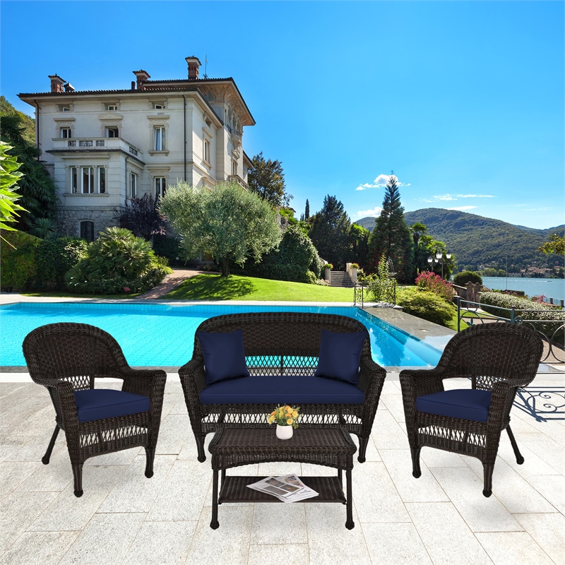 Jeco 4pc Wicker Conversation Set in Espresso with Navy Blue Cushions