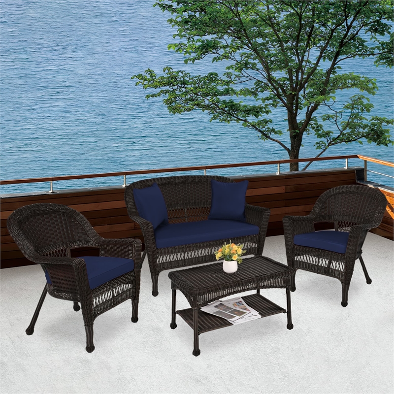 Jeco 4pc Wicker Conversation Set in Espresso with Navy Blue Cushions