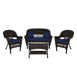 Jeco 4pc Wicker Conversation Set in Espresso with Navy Blue Cushions