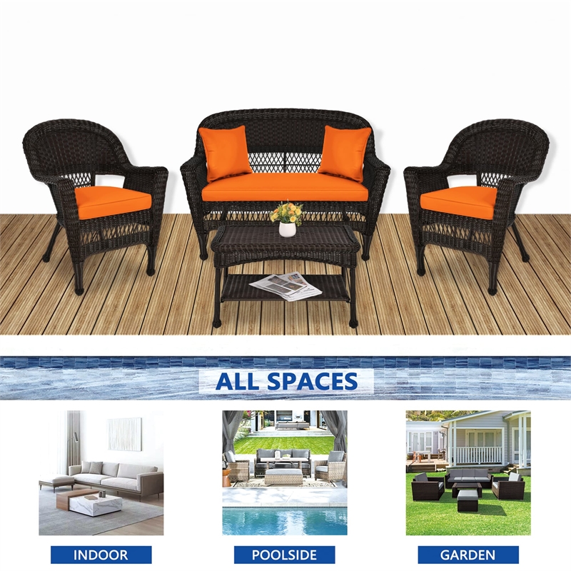 Jeco 4pc Wicker Conversation Set in Espresso with Brick Orange Cushions