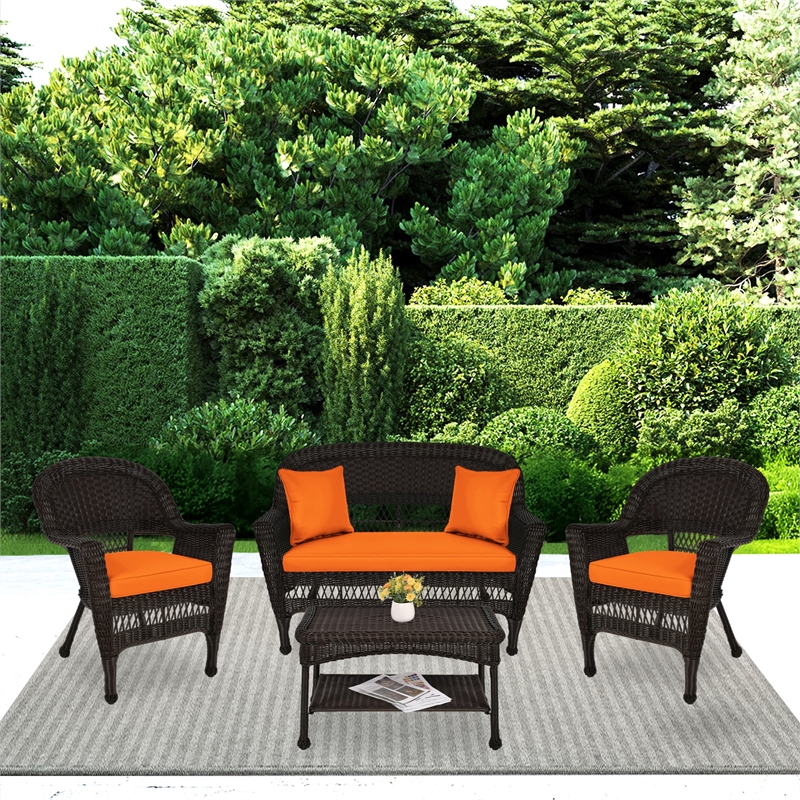 Jeco 4pc Wicker Conversation Set in Espresso with Brick Orange Cushions