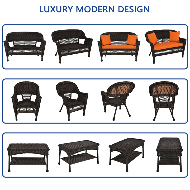 Jeco 4pc Wicker Conversation Set in Espresso with Brick Orange Cushions
