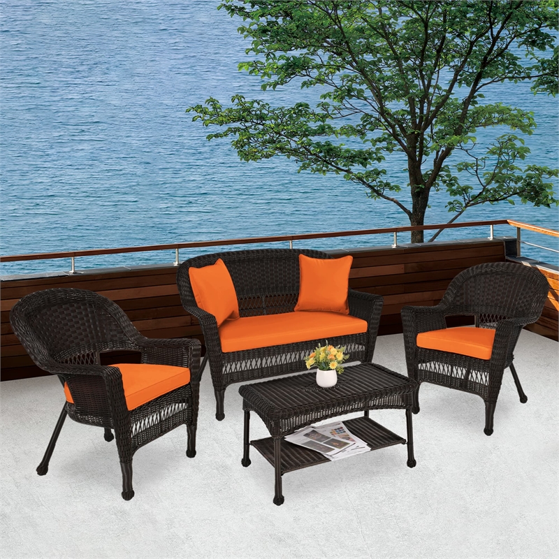 Jeco 4pc Wicker Conversation Set in Espresso with Brick Orange Cushions