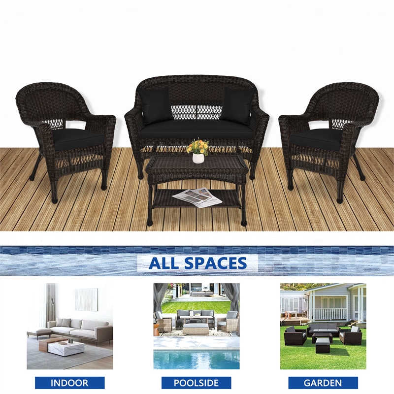Jeco 4pc Wicker Conversation Set in Espresso with Black Cushions