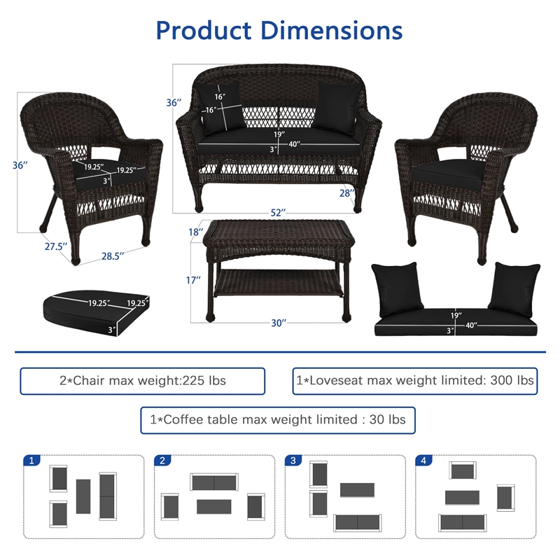 Jeco 4pc Wicker Conversation Set in Espresso with Black Cushions