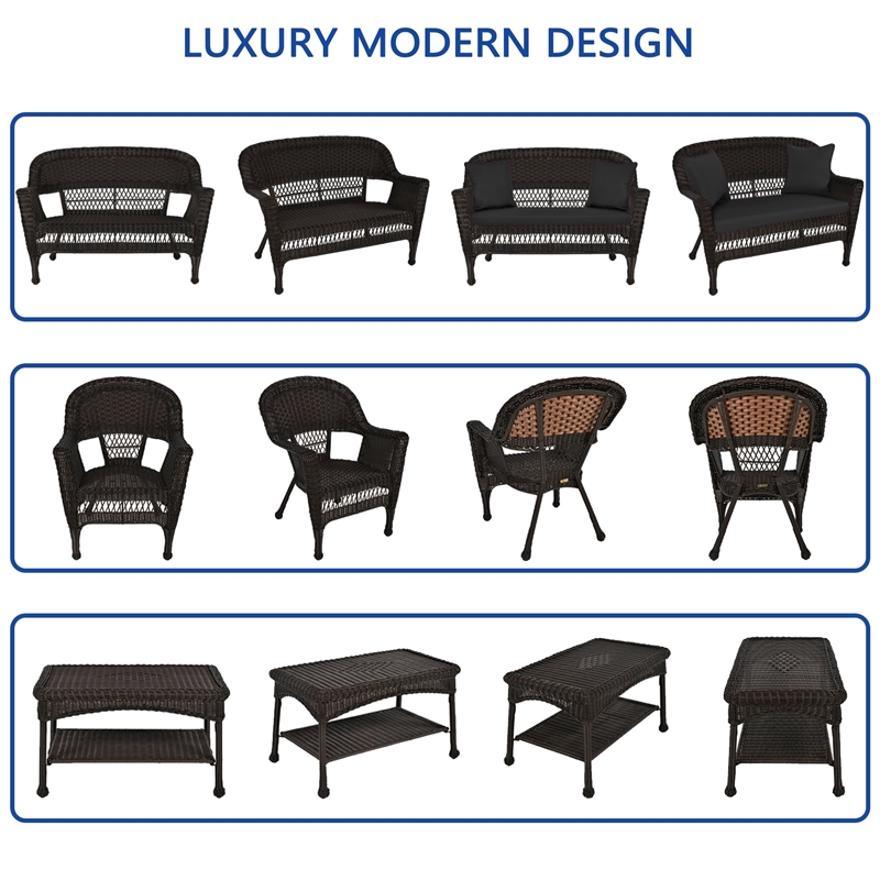 Jeco 4pc Wicker Conversation Set in Espresso with Black Cushions