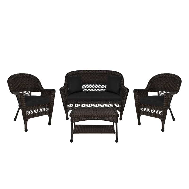 Jeco 4pc Wicker Conversation Set in Espresso with Black Cushions