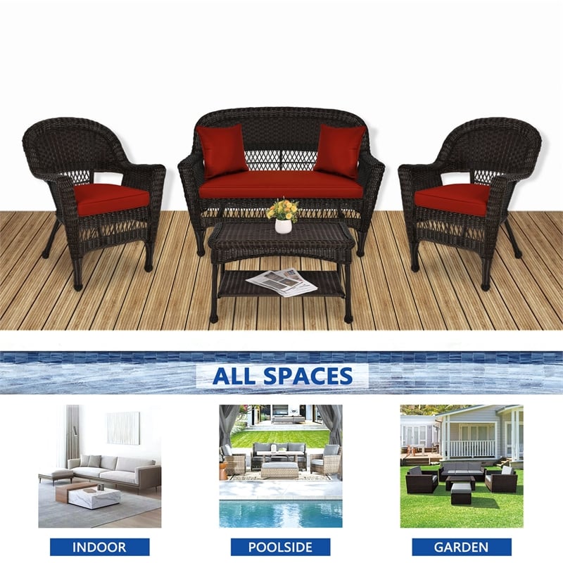 Jeco 4pc Wicker Conversation Set in Espresso with Red Orange Cushions