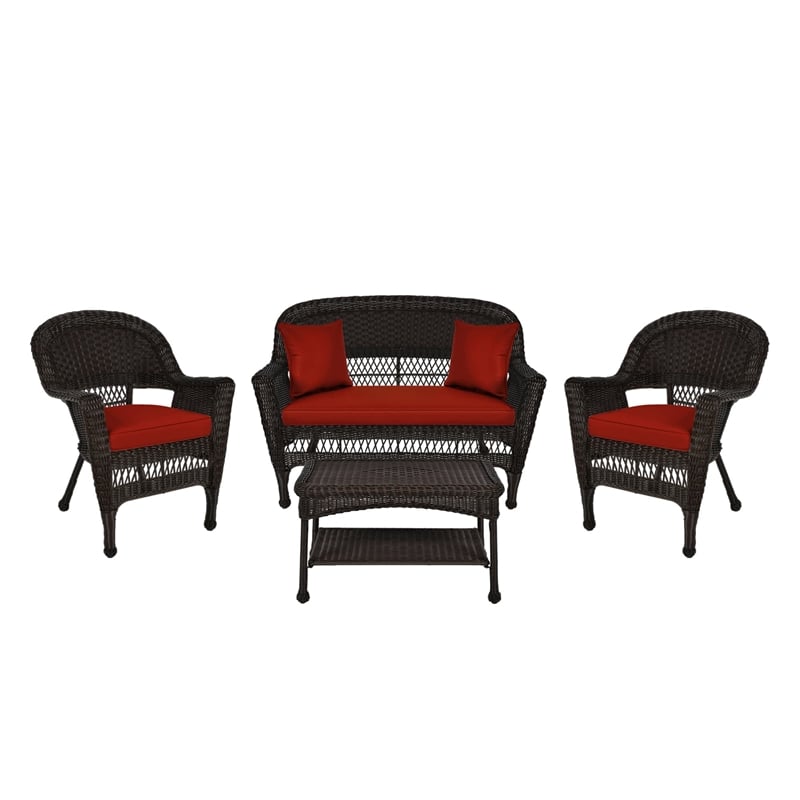 Jeco 4pc Wicker Conversation Set in Espresso with Red Orange Cushions