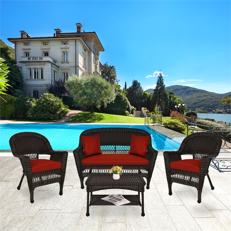 Jeco 4pc Wicker Conversation Set in Espresso with Red Orange Cushions