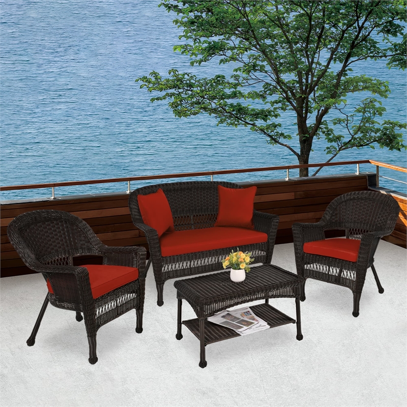 Jeco 4pc Wicker Conversation Set in Espresso with Red Orange Cushions