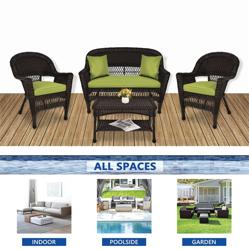 Jeco 4pc Wicker Conversation Set in Espresso with Green Cushions