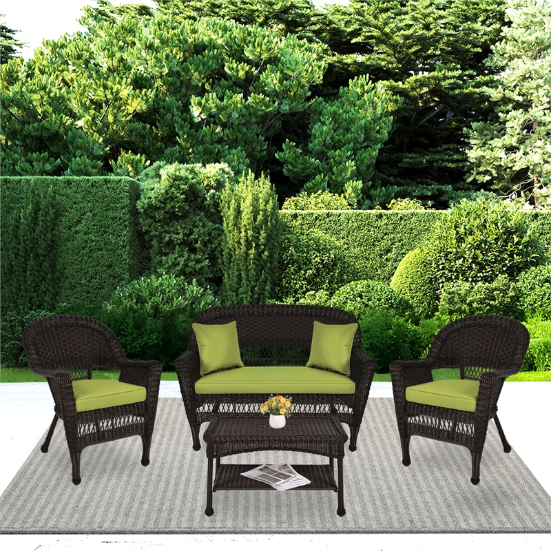 Jeco 4pc Wicker Conversation Set in Espresso with Green Cushions